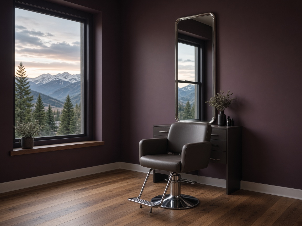 Dark mauve salon interior with mountain twilight outside the window