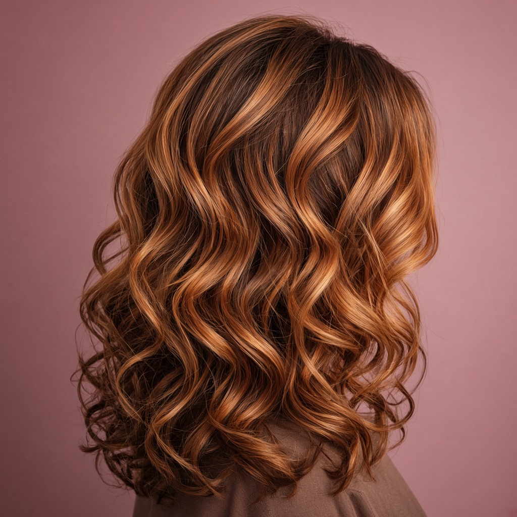 Copper and caramel balayage waves photographed from behind the shoulders