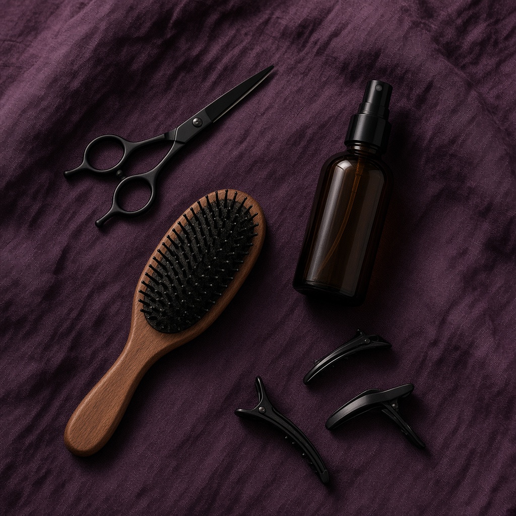 Matte black shears, wood paddle brush, and amber mist bottle on plum linen